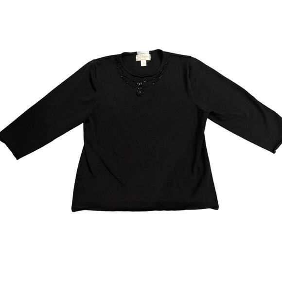 CJ Banks Black Stretch Top 1X Beaded Neckline Long Sleeve - Picture 1 of 3
